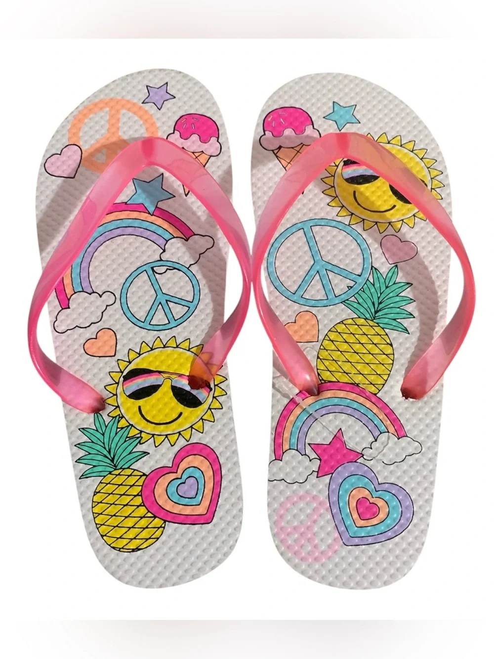 The Children's Place Pink Strap Flip Flops with Sun & Pineapple Print Girl 12/13